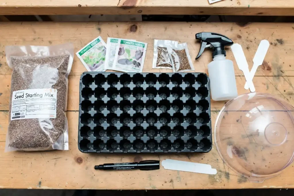 seed starting supplies arranged on wooden table with plug trays spray bottle and seed packets