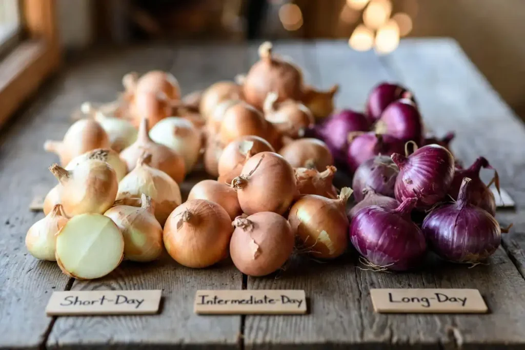 different onion varieties grouped by day length type on wooden surface