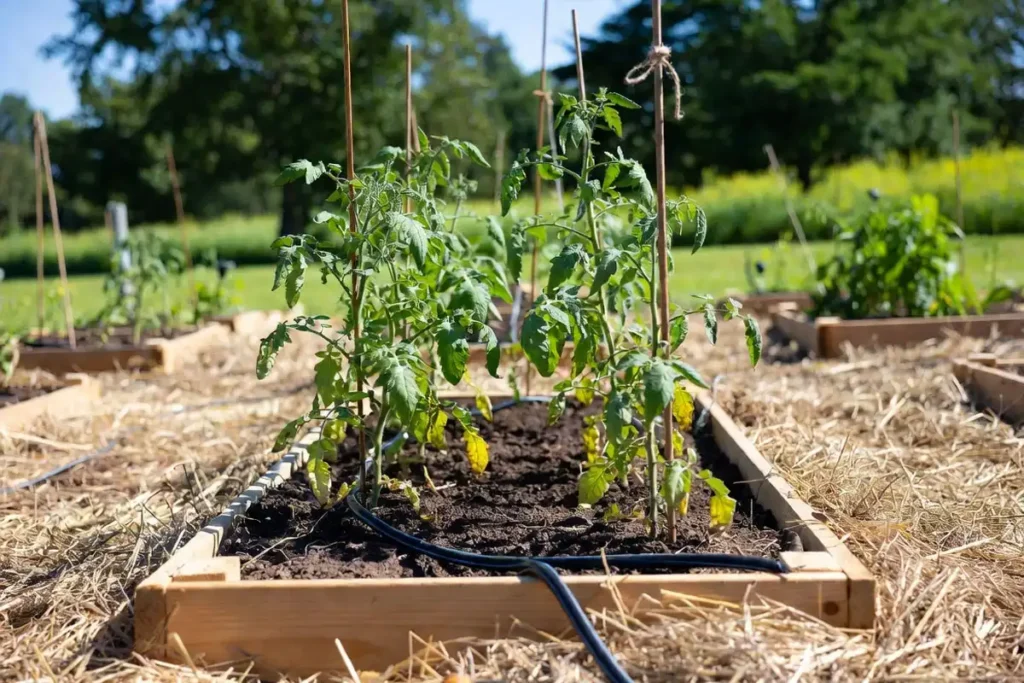 black soaker hose running along the base of tomato plants in a raised garden bed