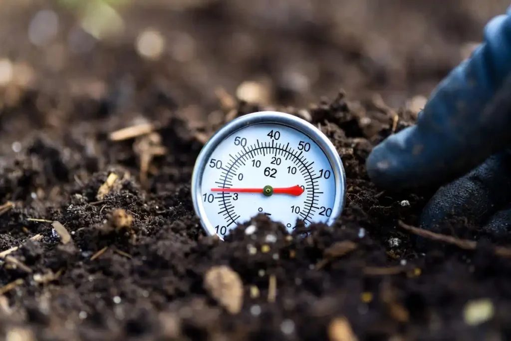soil thermometer inserted 3 inches deep into garden bed showing 62 degrees