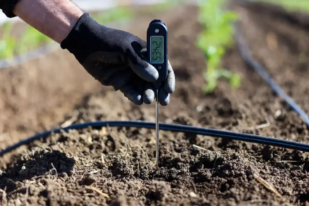 hand measuring soil temperature at carrot seed depth