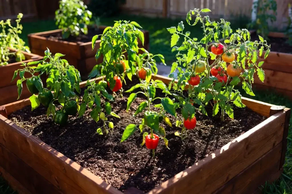 tomatoes and bell peppers sharing the same raised garden bed in full sun