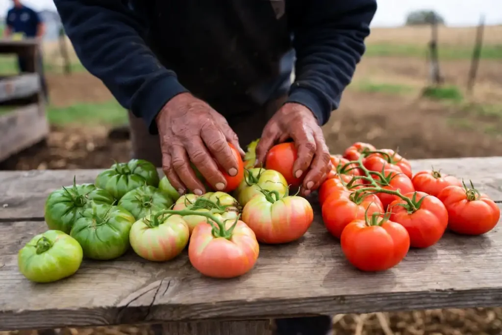 farmer hands sorting green and breaker stage tomatoes on a wooden table