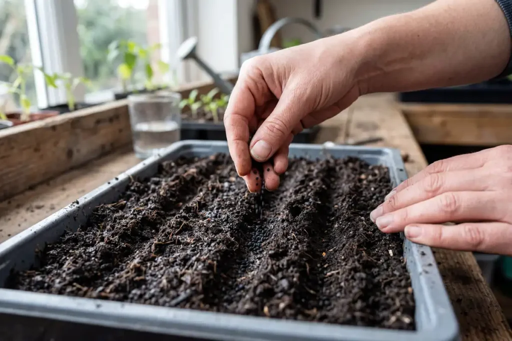 Farmer sowing onion seeds into seed starting tray