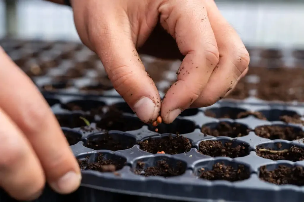 gardener dropping tomato seeds into moist seed starting mix inside small black plug tray cells