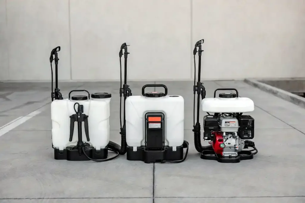 manual battery and gas backpack sprayers lined up for comparison