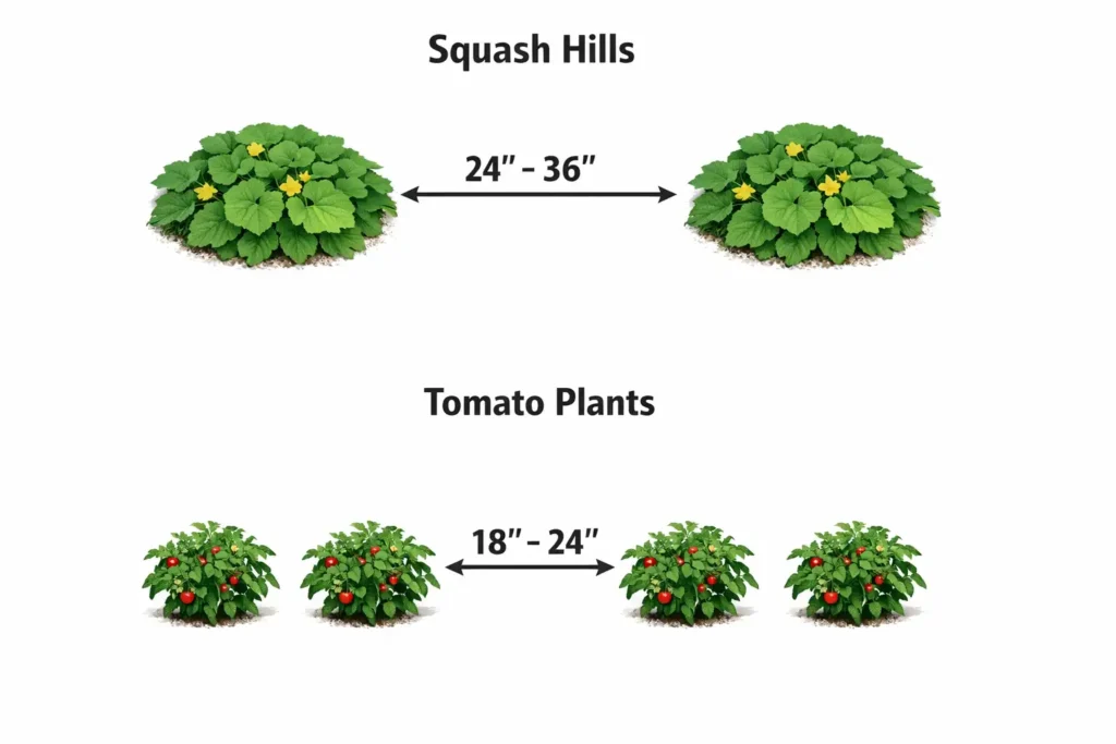 top view spacing chart showing correct distance between squash and tomato plants