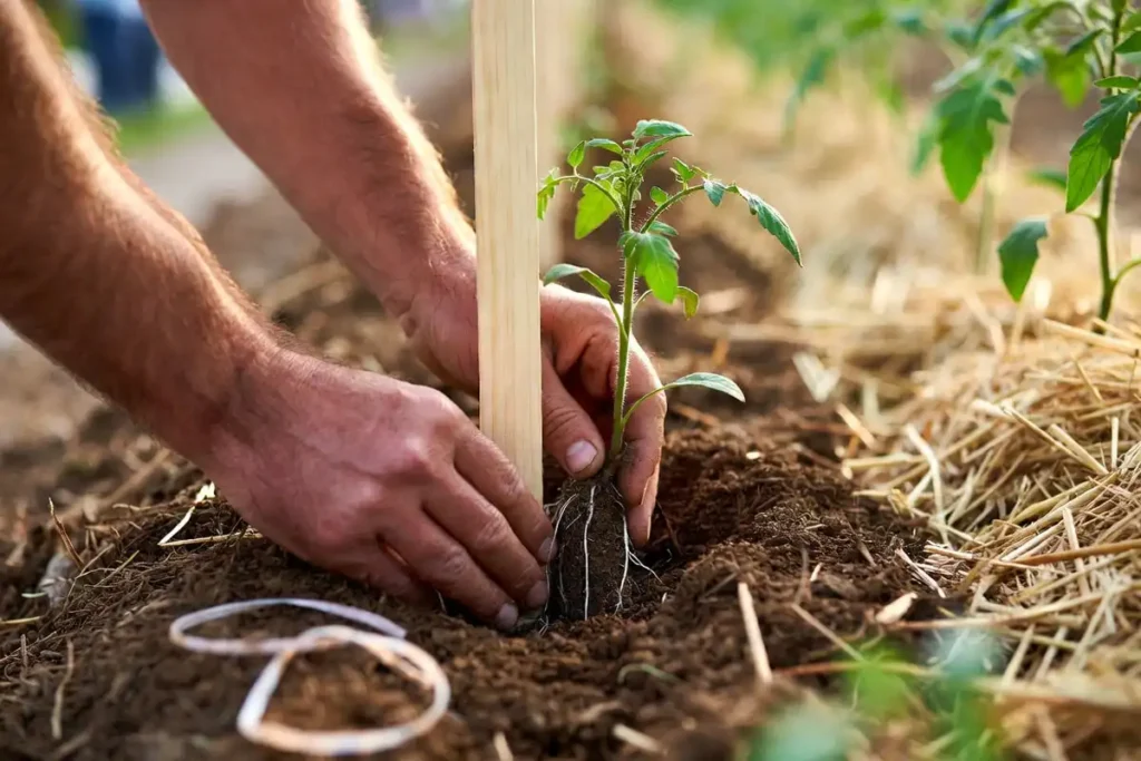 farmer driving a wooden support stake into soil beside a young tomato transplant
