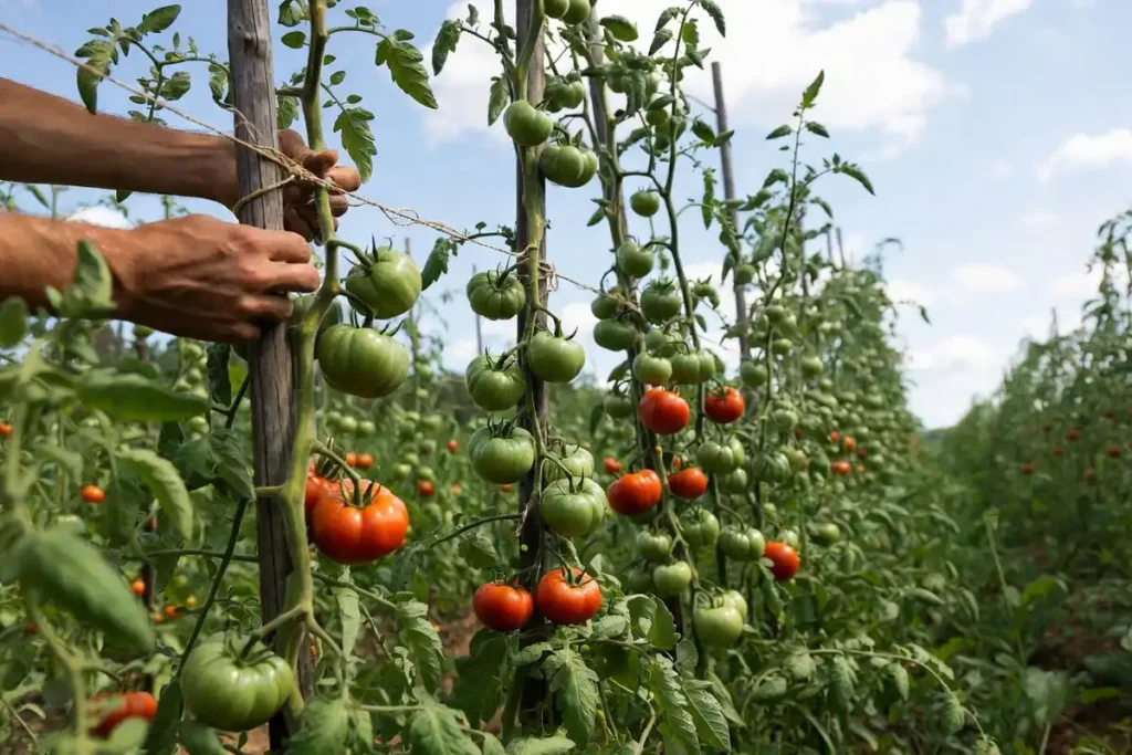 farmer tying indeterminate tomato vines to wooden stakes in a sunny garden row
