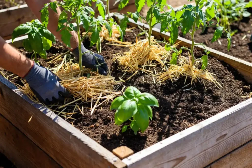 straw mulch layer spread around tomato stems and basil in a raised garden bed