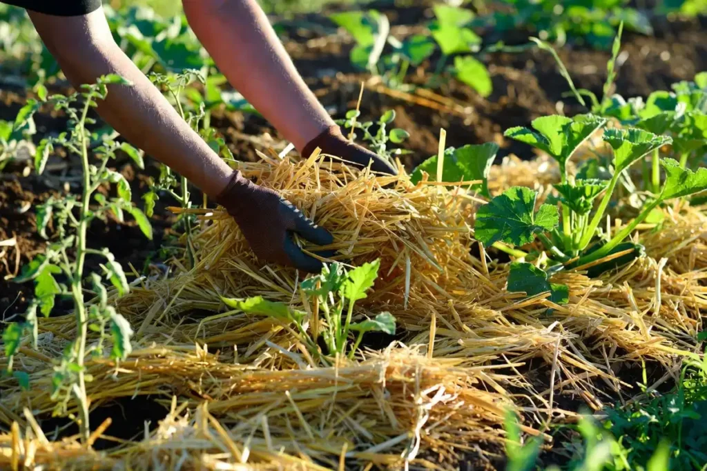 thick layer of straw mulch spread between tomato and zucchini stems in garden