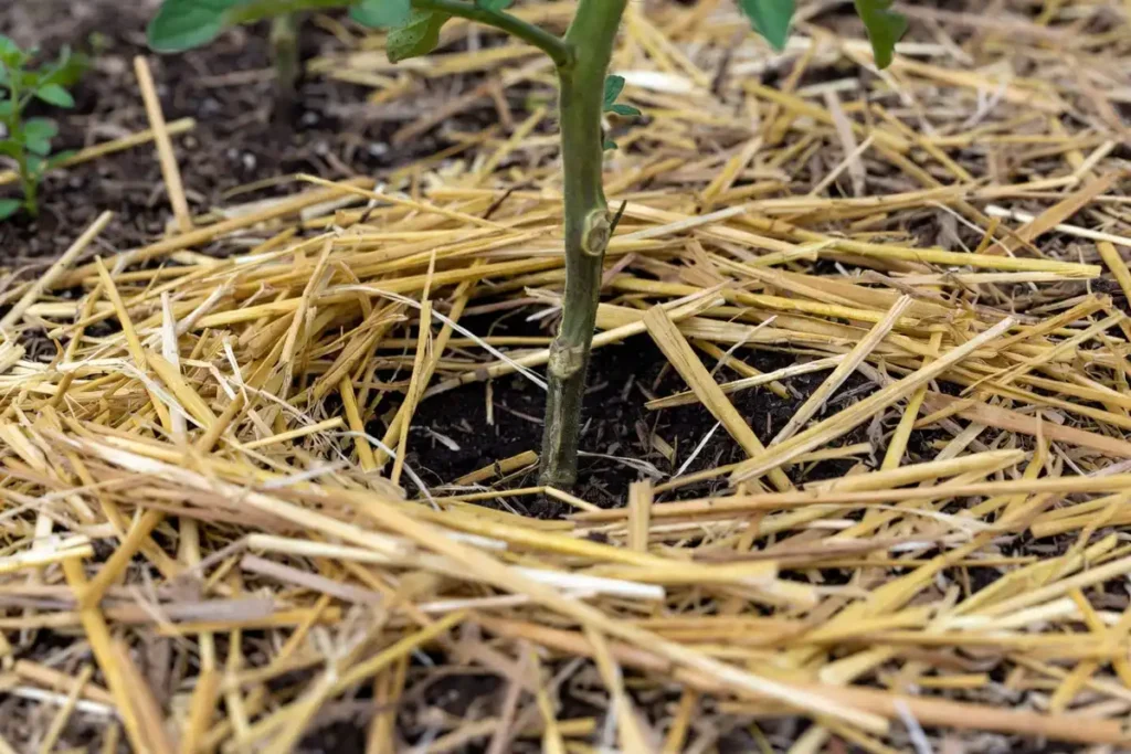 layer of straw mulch applied around the base of a tomato plant to retain soil moisture