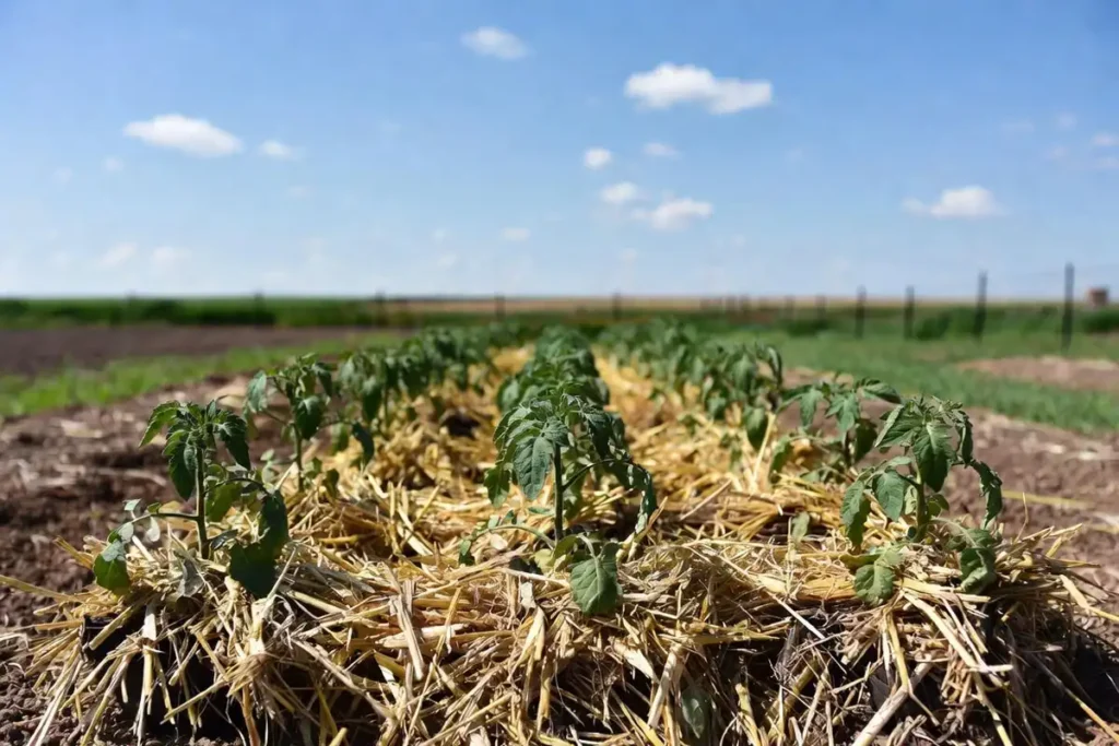 straw mulch applied around base of young tomato plants in garden row