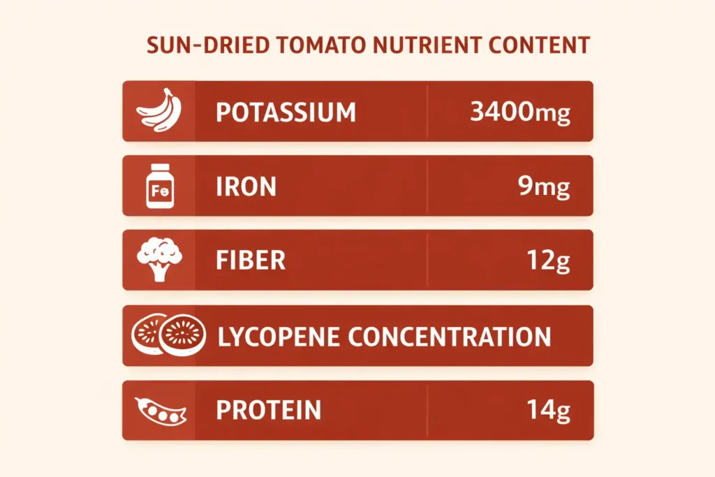 nutrition infographic showing potassium iron fiber and protein content in dried tomatoes