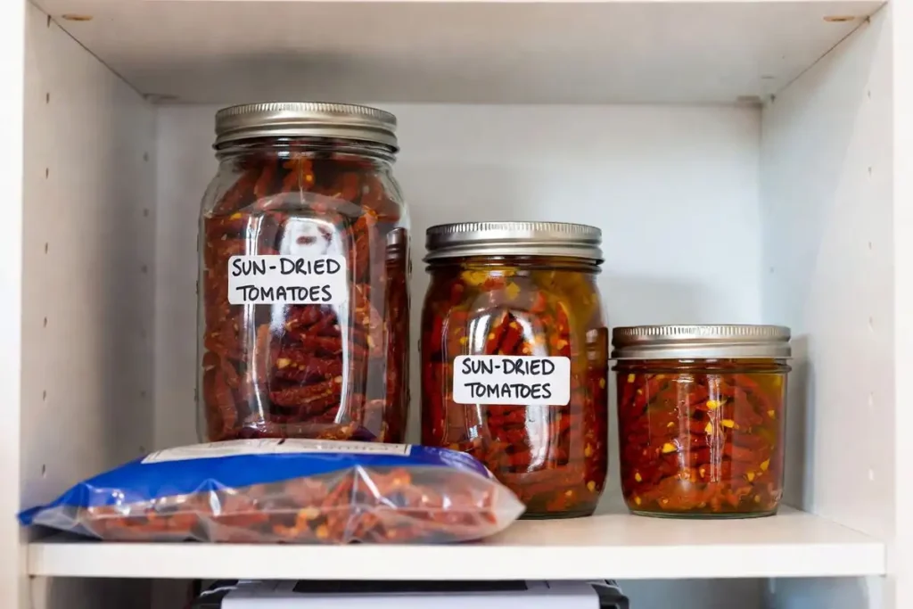 glass mason jars of dried tomatoes stored on a kitchen shelf including oil packed and dry packed versions