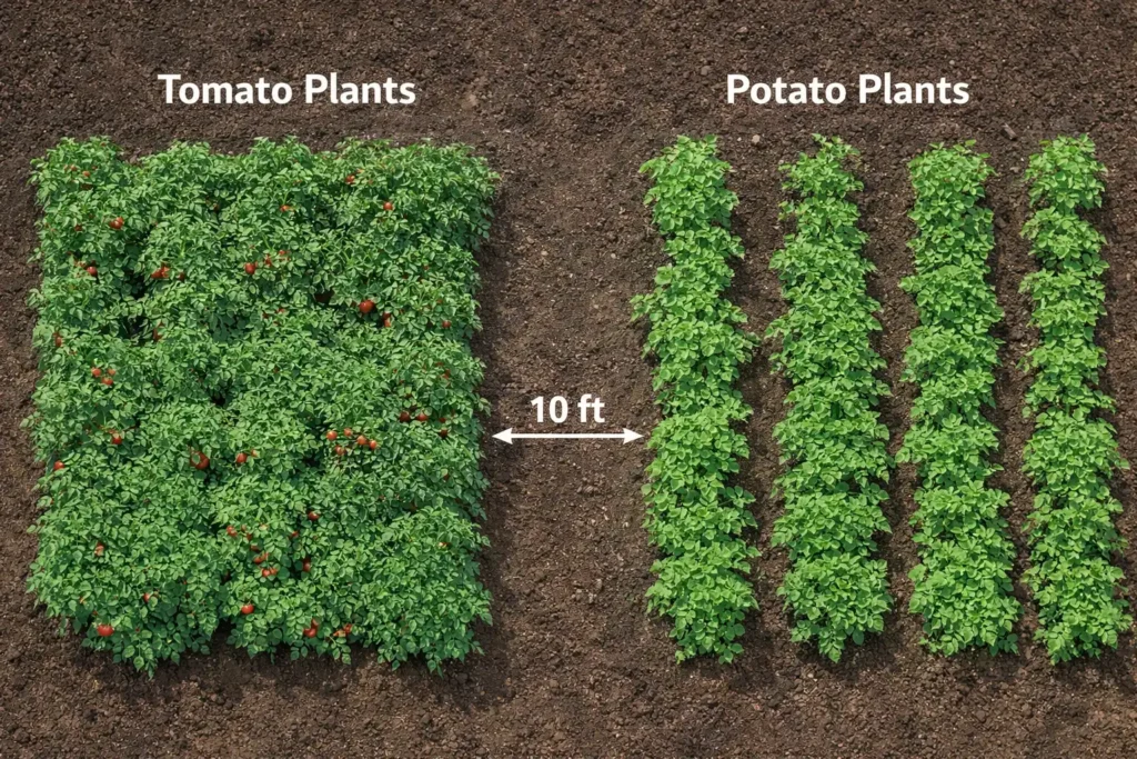 overhead diagram showing 10 foot minimum spacing between tomato rows and potato rows in a field