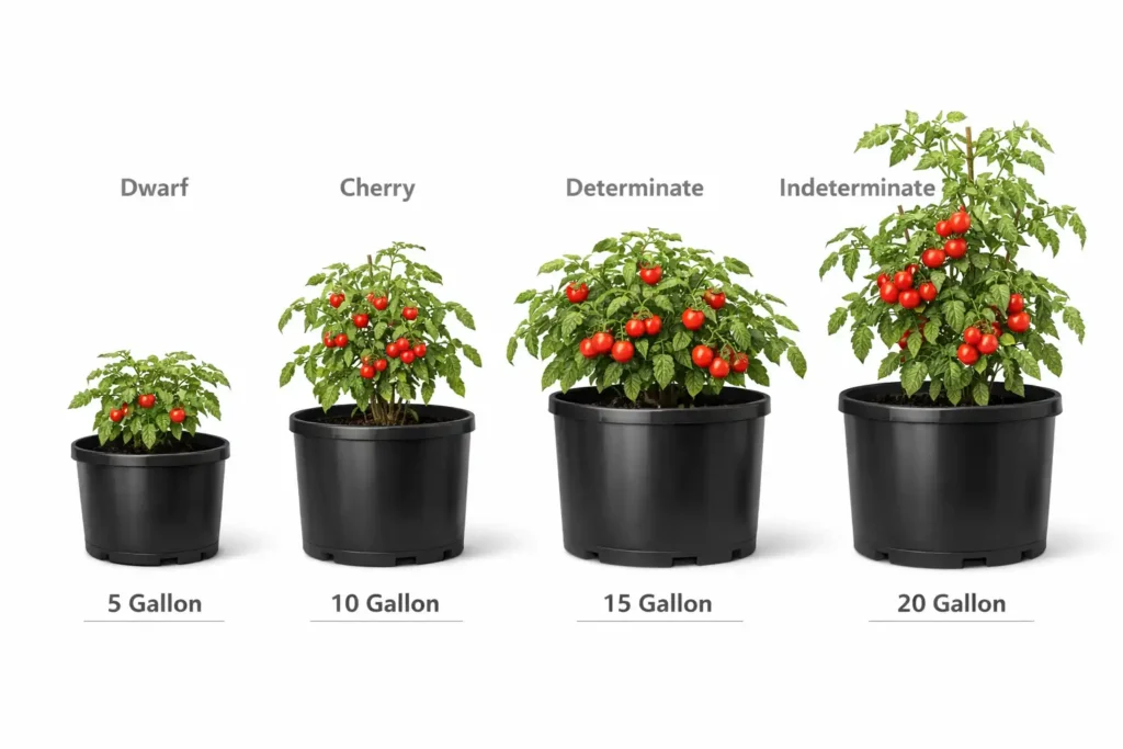 infographic comparing pot sizes for different tomato varieties