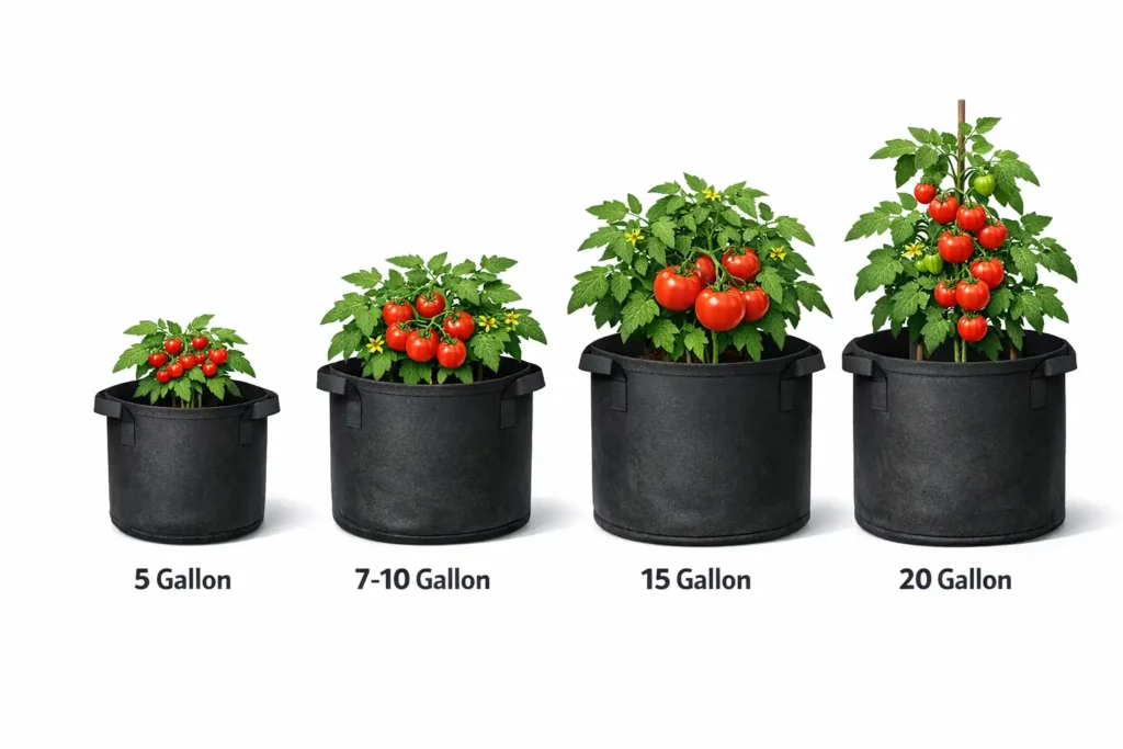 four fabric grow bags showing different gallon sizes for tomato varieties