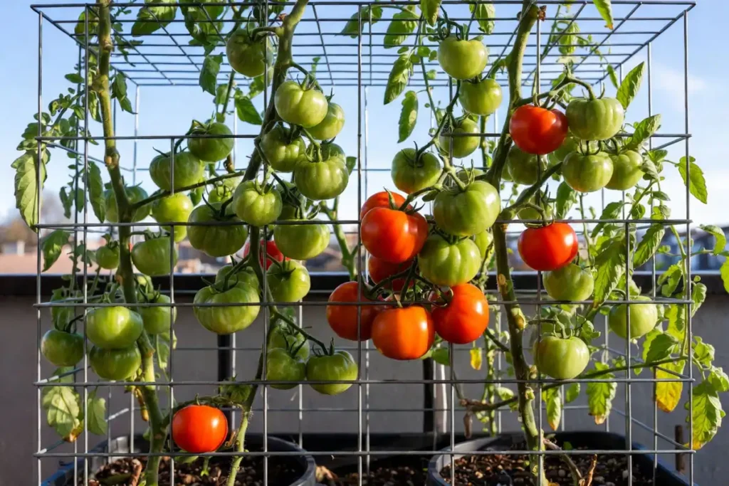tall tomato plant growing inside a wire support cage in a black pot on a balcony
