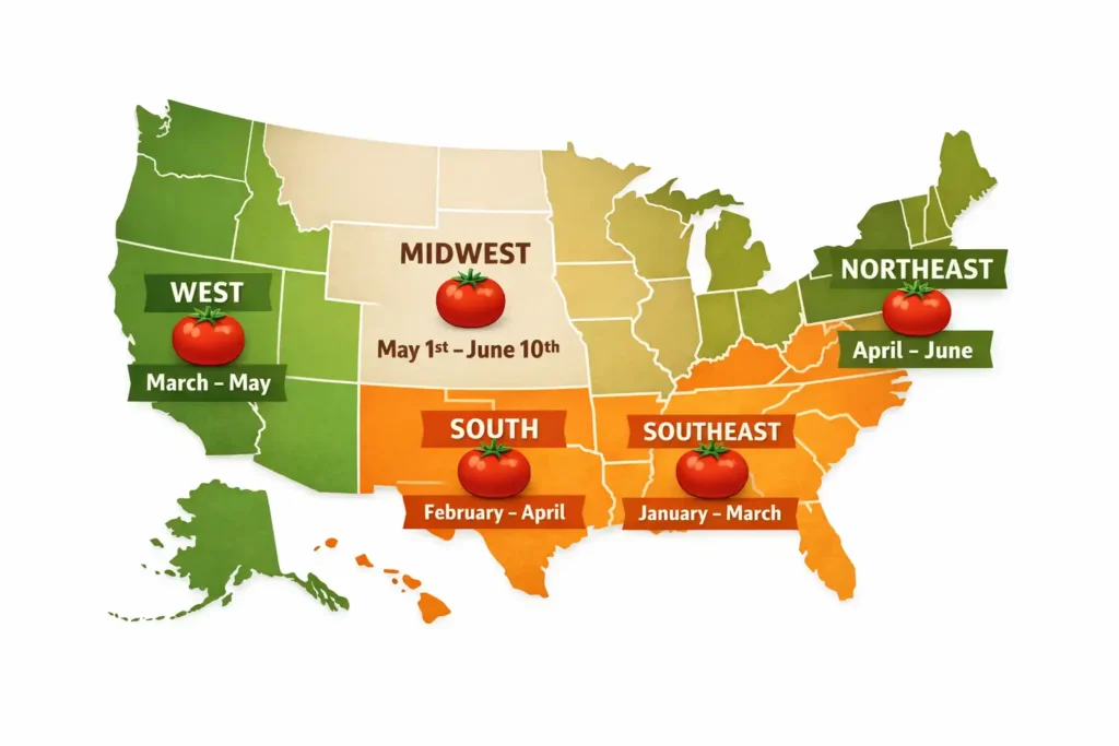 color coded US map showing tomato planting windows by growing region