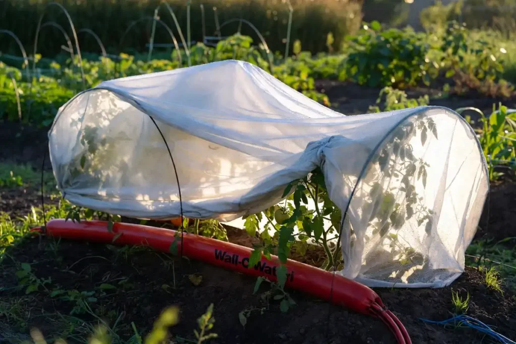 garden bed with tomato transplants protected by row covers and water-filled season extenders at night