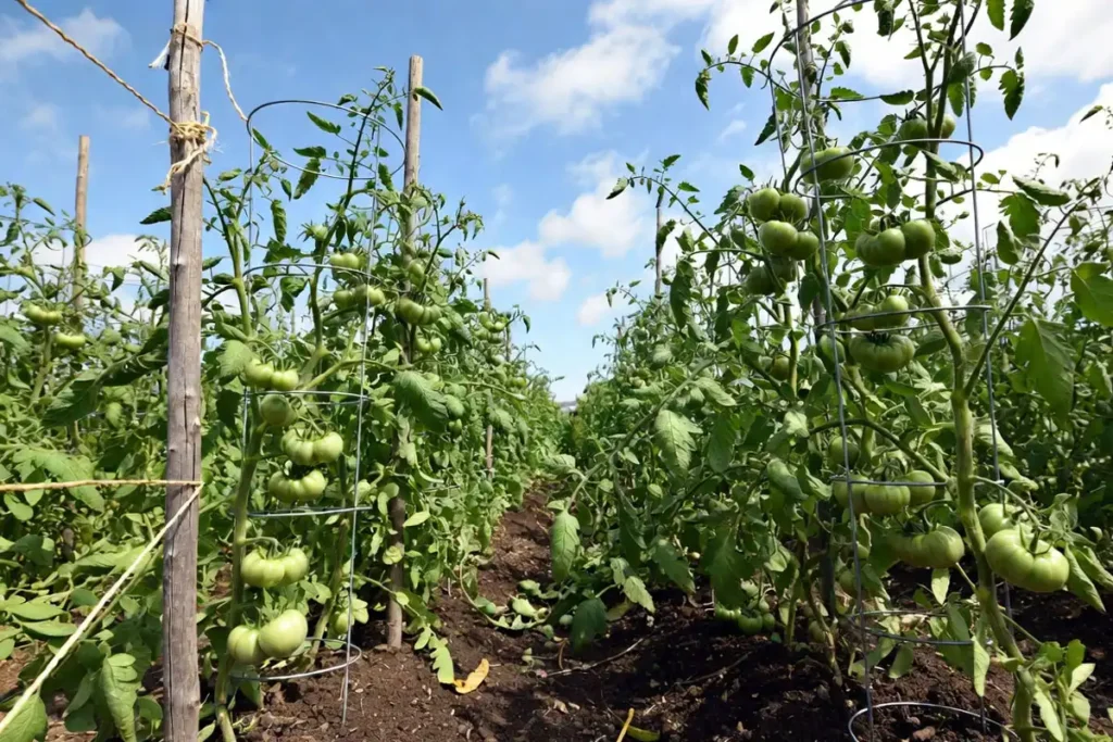tall tomato plants tied to wooden stakes and wire cages in a field row