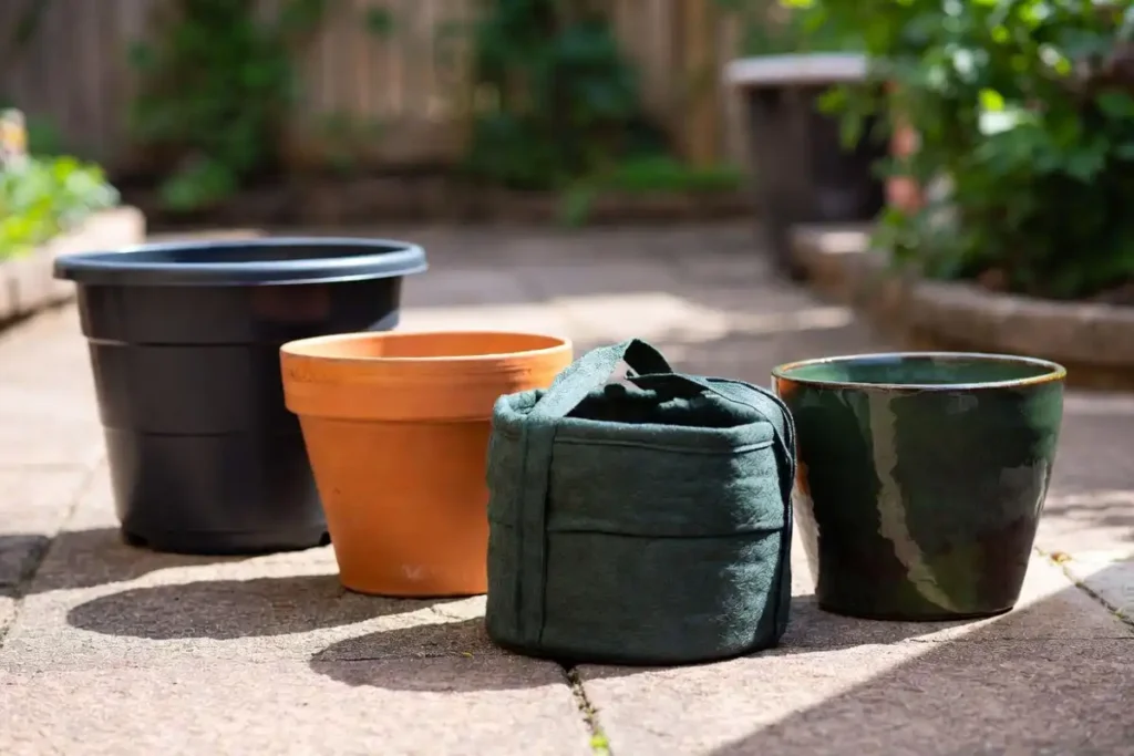 plastic terracotta fabric and ceramic pots placed side by side outdoors