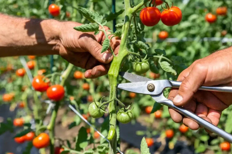 farmer pruning tomato plant in garden