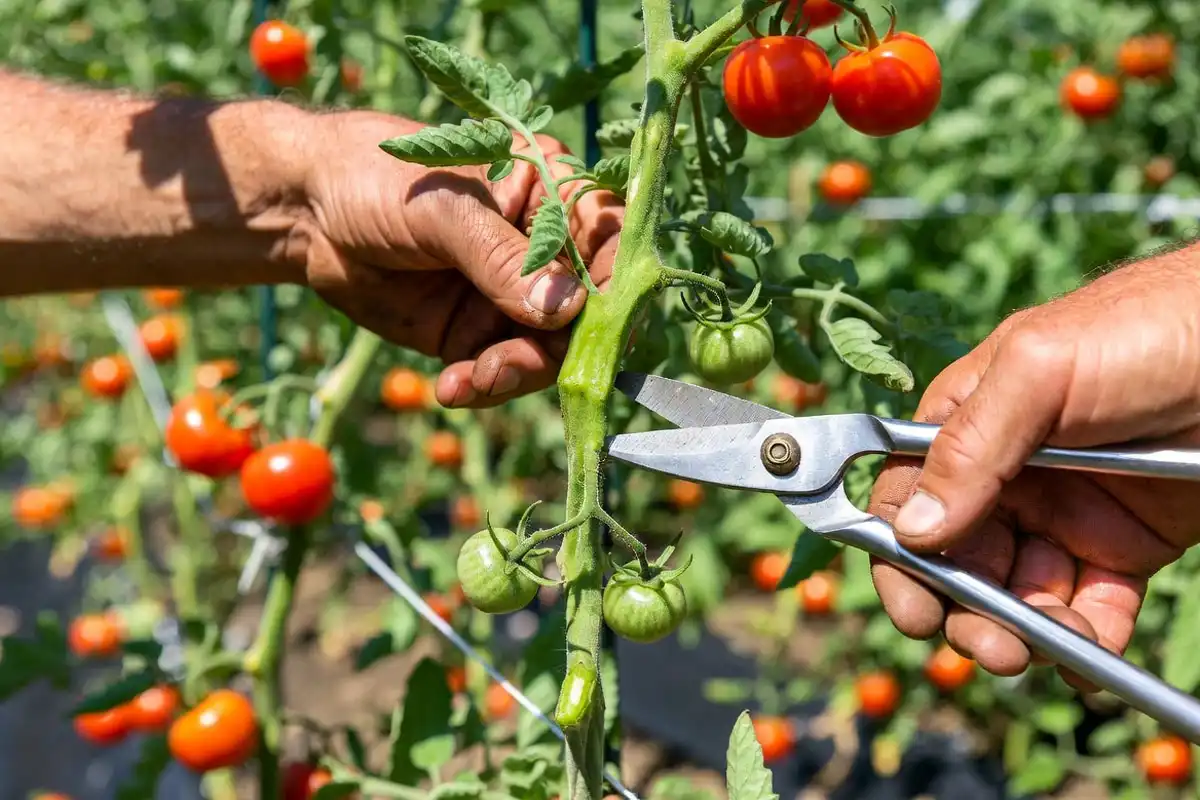 farmer pruning tomato plant in garden