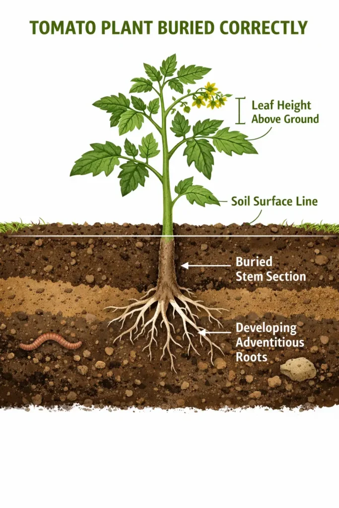 infographic showing correct soil depth and root growth when replanting a tomato plant