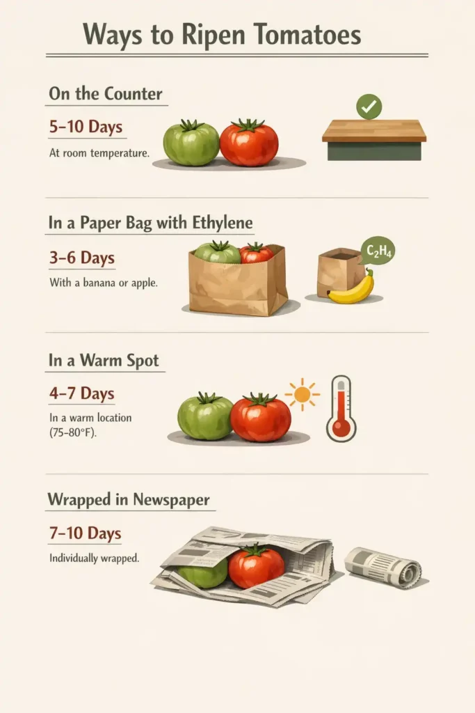  infographic comparing countertop paper bag and warm location tomato ripening times