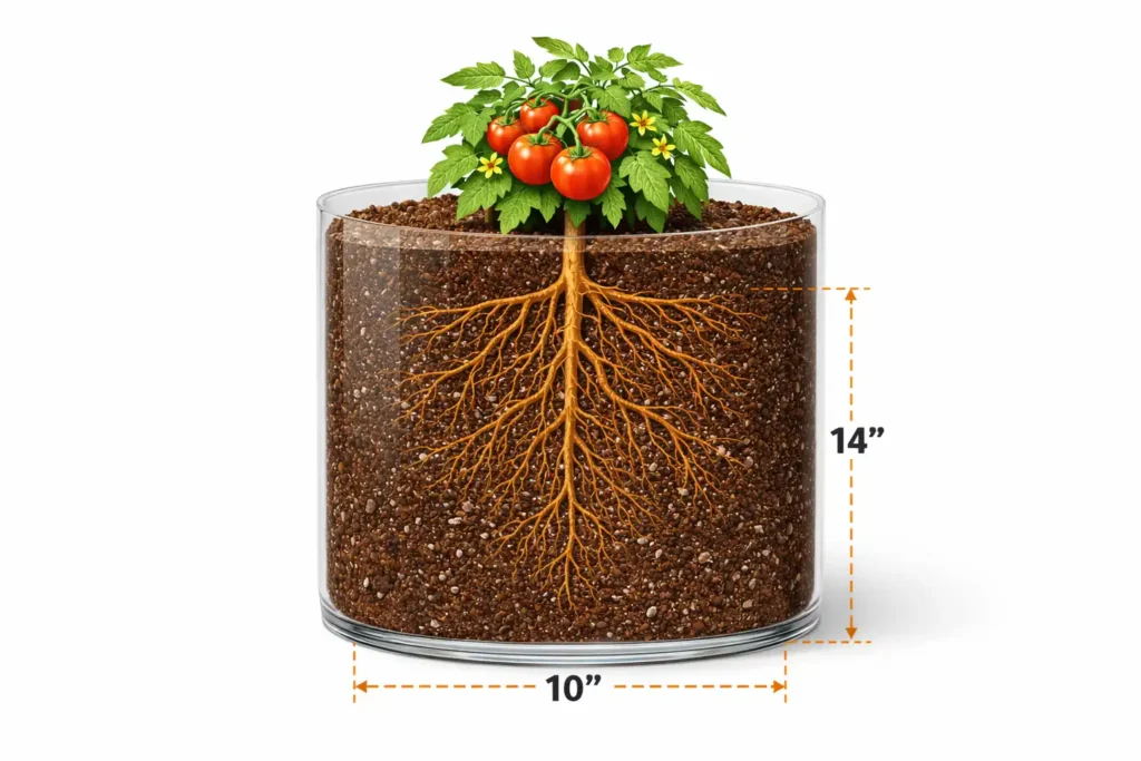 cross section view of tomato roots growing inside a deep container pot