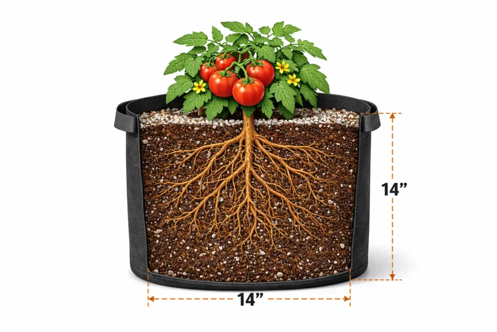 cross section of tomato roots growing inside a 15 gallon fabric container