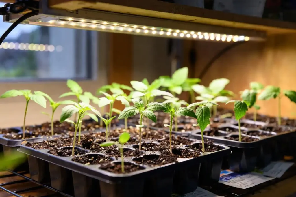 tomato seedlings in seed trays growing under indoor grow lights on a heat mat