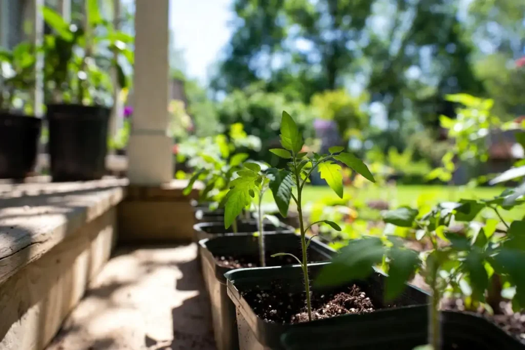 small tomato seedlings in pots placed outside on porch step for hardening off