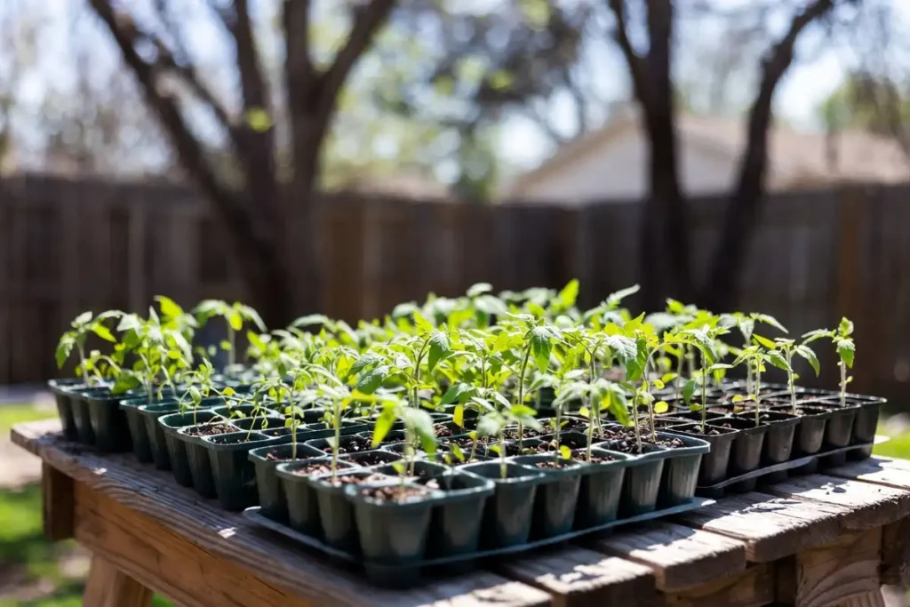 tomato transplant trays set outside on wooden table in partial shade during spring