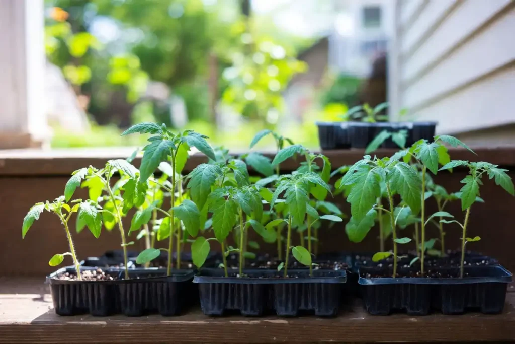tomato seedling trays placed outside on porch steps during hardening off process