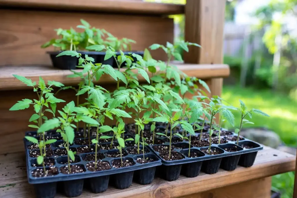tomato seedling trays placed outside on steps during hardening off period