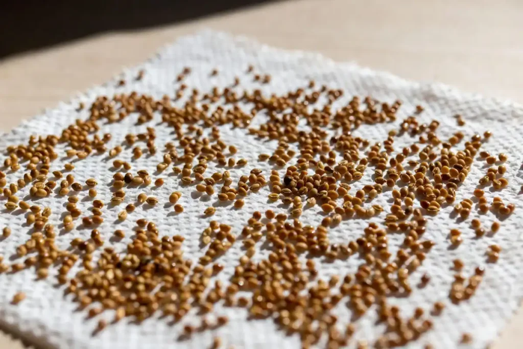 clean rinsed tomato seeds spread on white paper towel to dry