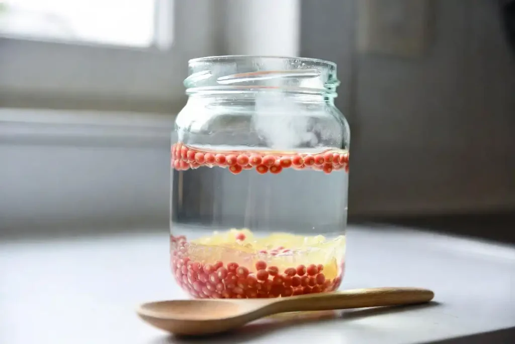 tomato seeds soaking in water inside a glass jar during fermentation