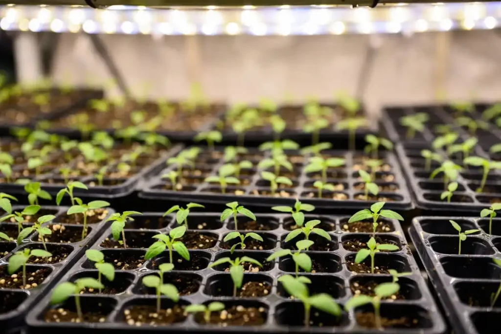 tomato seedlings growing in seed trays under indoor grow lights