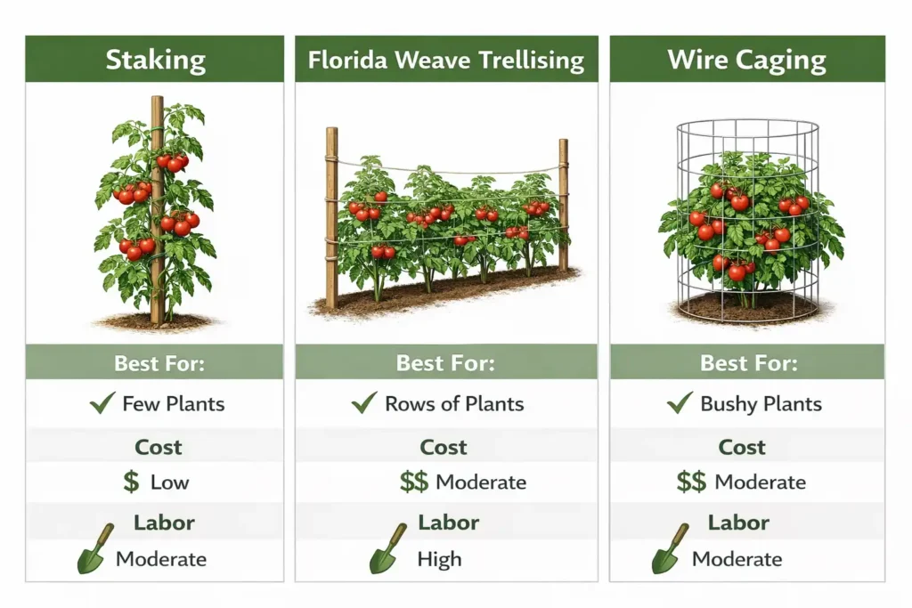 infographic comparing staking trellising and caging methods for tomato plants with cost and labor details