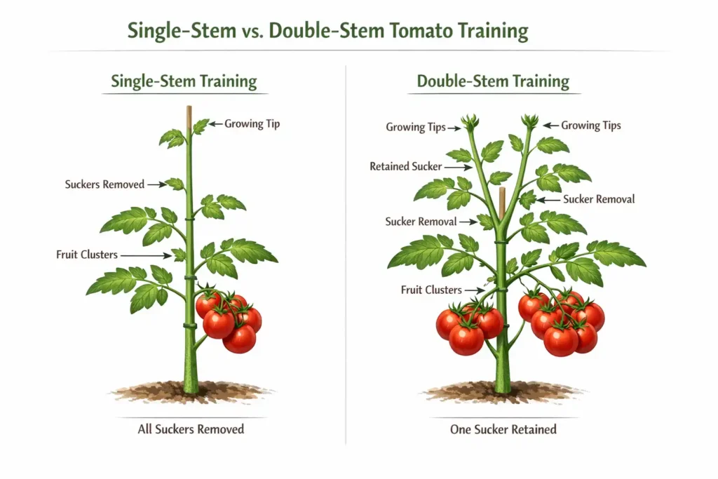 diagram comparing single stem and double stem tomato training