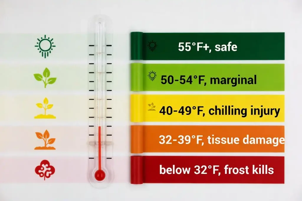 infographic showing safe and dangerous night temperature ranges for outdoor tomato plants