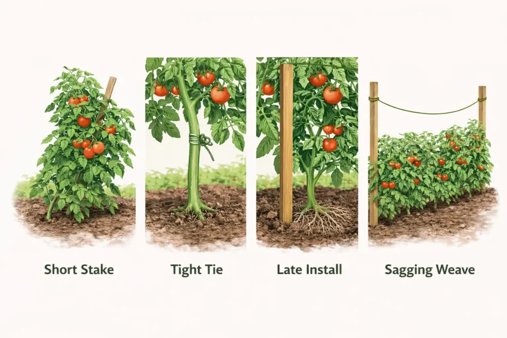 illustrated infographic showing common tomato support errors including short stakes and tight ties