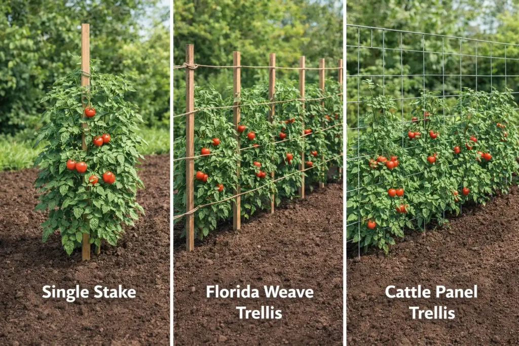 three types of tomato support structures single stake florida weave and cattle panel side by side