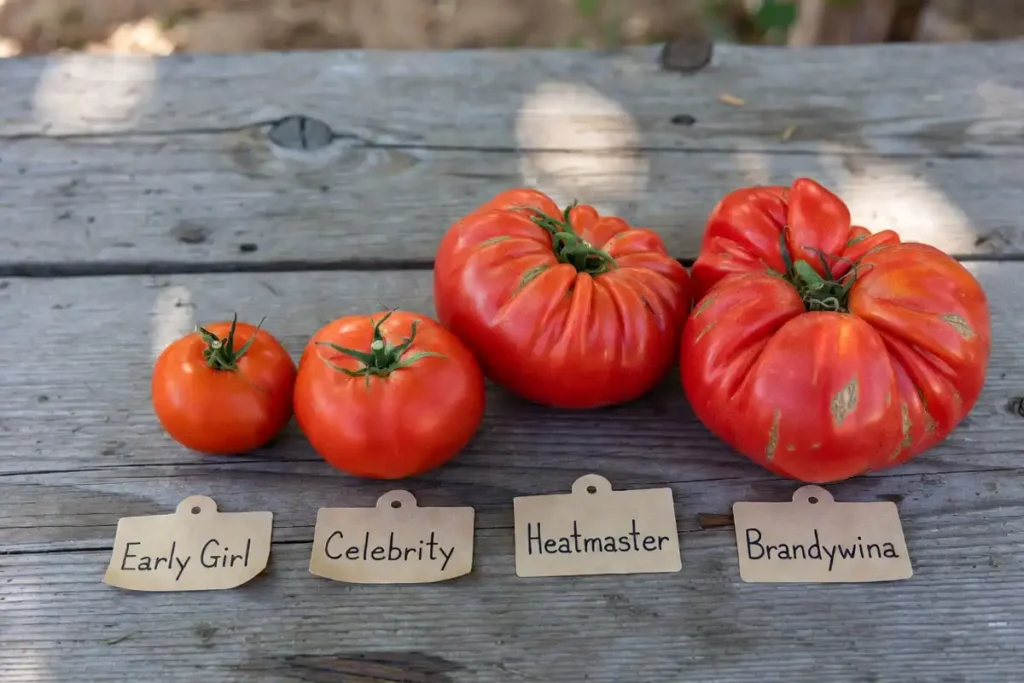 four tomato varieties displayed side by side representing different California climate zones