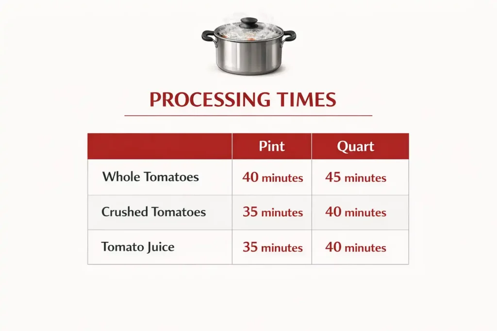 canning time chart for whole crushed tomatoes and tomato juice by jar size