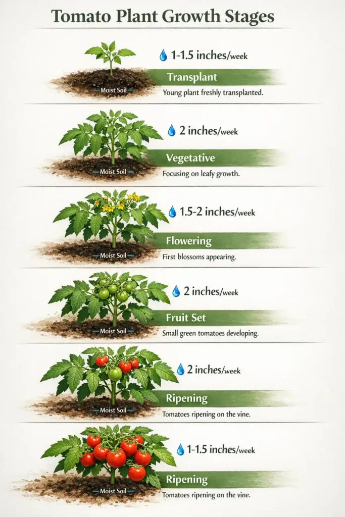 infographic showing water requirements for each tomato growth stage from transplant to ripening