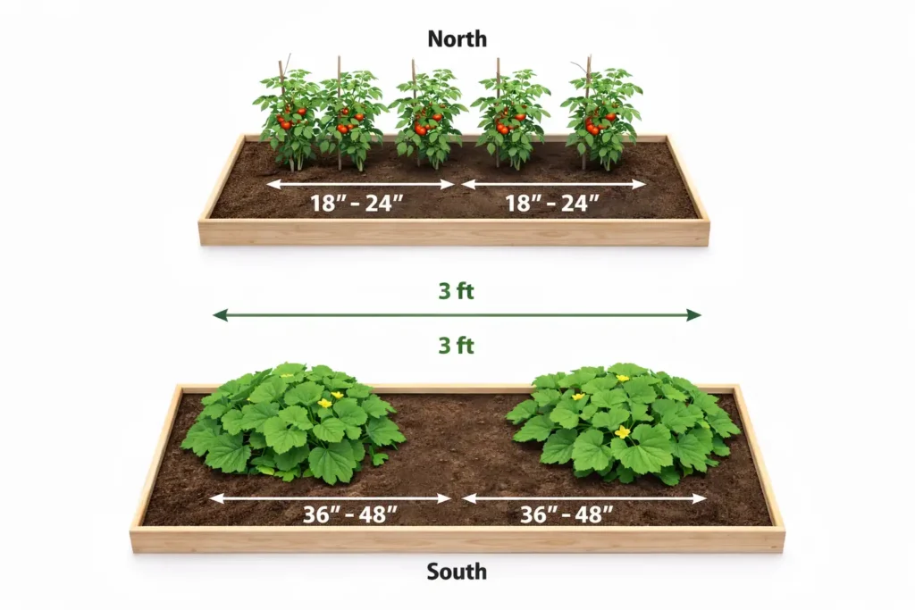 raised bed layout diagram showing tomato and zucchini row spacing